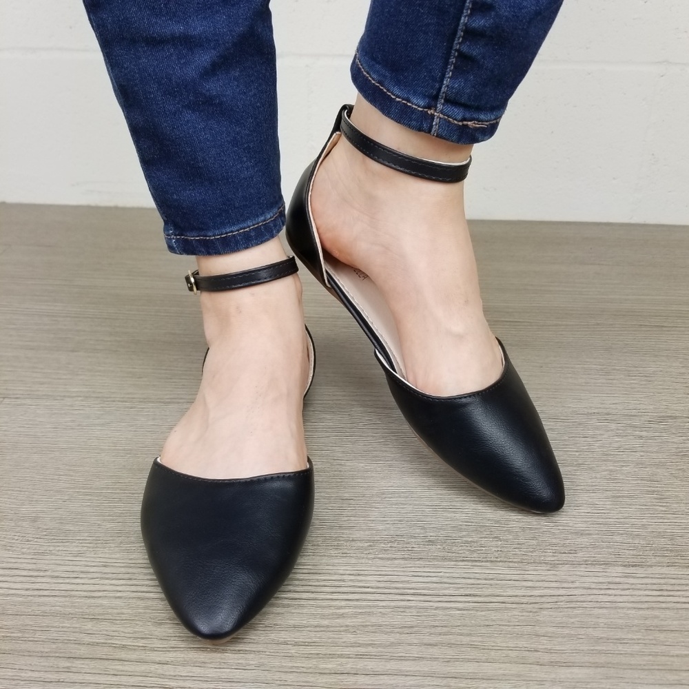 Ankle Strap Pointed Toe Ballerina Flats-M 13133 - Picture 3 of 8